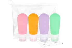 Giloty Flacon Voyage, Étanches Contenant de Voyage Silicone 90ml, 4 Pièces Kit Voyage Avion, Flacon Voyage Avion pour Huile Solaire, Shampooing, Lotion, Gel Douche Crème,Sans BPA