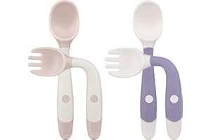 Vicloon Set di Posate per Bambini, 4 Pezzi Cucchiaio e Forchetta per Bambini Senza BPA, Cucchiaio e Forchetta Da Addestramento per L'alimentazione Del Bambino con Funzione Pieghevole (2 Colori)