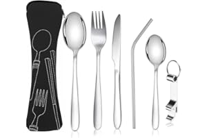 MNSCONKL 6-Stück Tragbares Campingbesteck Set,304 Edelstahl Bestecksets Essbesteck,Camping Besteck mit Gehören Messer,Gabel,Löffel,Flaschenöffner,Strohhalme Bestecktasche für Outdoor Reise Picknick Schwarz