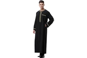KRUIHAN Djellaba Homme Manches Longues Abaya Qamis Homme Noir Robe de Priere Islamique avec Pches Caftan Homme Musulman,M-3XL