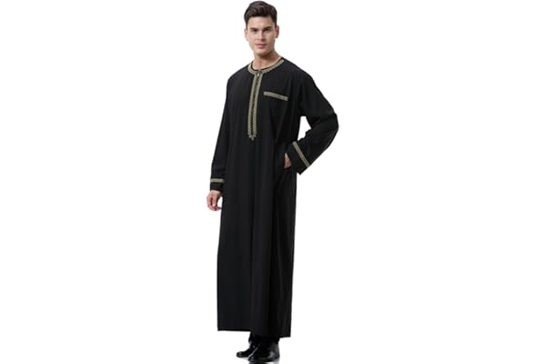 KRUIHAN Djellaba Homme Manches Longues Abaya Qamis Homme Noir Robe de Priere Islamique avec Pches Caftan Homme Musulman,M-3XL