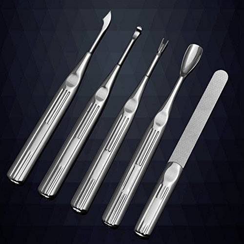 Teenxful Set of 5 Professional Stainless Steel Manicure Cuticles Tools Accessories Nail Pushers Trimmers Scrapers Files Earpick Remover