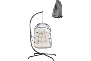 Mojia Outdoor Egg Chair With Stand, Patio PE Wicker Hanging Hammock Chair With UV Resistant Cushion and Chair Cover for Garden, Backyards, Poolside, Bedrooms, 190KG Weight Capacity (Light Gray)