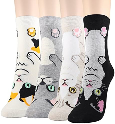 JYsense Womens Cute Animal Pattern Painting Crazy and Fun Cotton Crew Socks , Owls Dogs Cats Painting Cotton Crew Socks (Face Cats 4 Pairs)