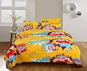 Mosho 220 TC Pure Cotton Shin Chan Print Double Bed Sheet with 2 Pillow Covers (Yellow)