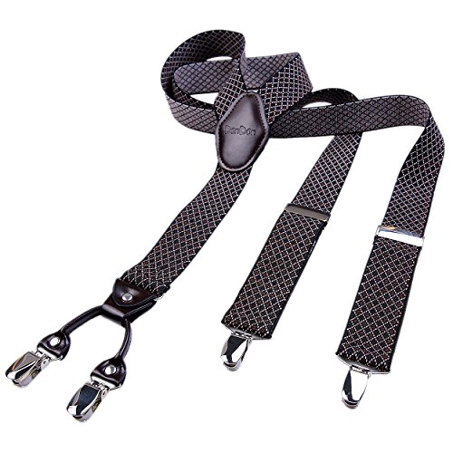 DonDon hombres tirantes 3,5 cm ancho 4 clips con piel cuero marrón de forma Y elástico y con longitud ajustable negro marrón a cuadros
