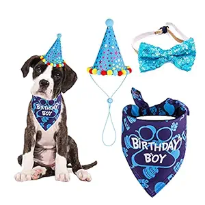 TCBOYING Dog Birthday Party Supplies, Dog Birthday Bandana Hat Boy Scarf with Cute Dog Bow Tie Collar for Small Medium Dog Pet