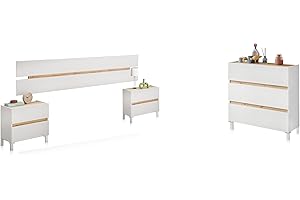 duehome | Pack de Dormitorio con Cabecero + 2 mesitas de Noche y Comoda, Conjunto de Dormitorio, Modelo Erza 3c, Acabado en Blanco Artik y Roble Nodi