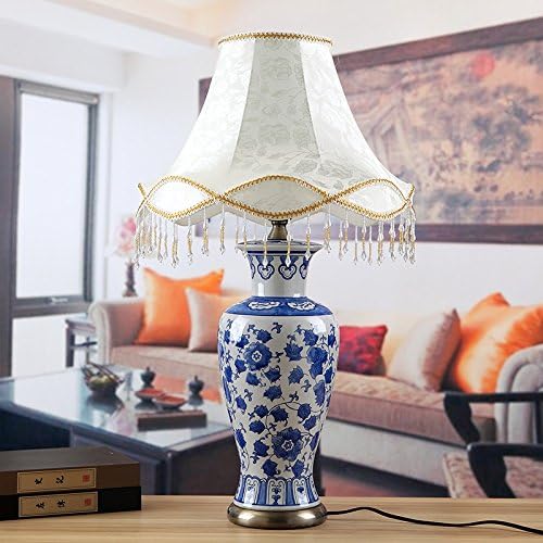 Ceramic table lamp, fabric decoration, blue and white fashion, living room, study