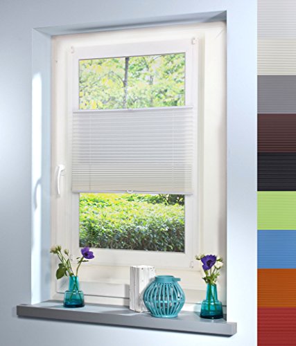 Plissee Faltrollo Rollo Jalousie Faltstore von Mass-Gardinen-Shop Sichtschutz Klemmfix ohne Bohren mit Klemmträger 90cm x 130cm (Weiß)