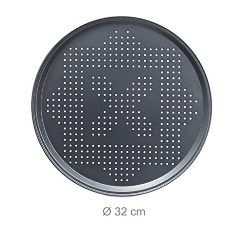 Relaxdays Pizzablech mit Perforation im Set runde Pizzabackbleche mit extra großem Durchmesser: ca. 29 cm Backbleche für Pizza und Flammkuchen Pizza Backset im 4er Set antihaftbeschichtet, anthrazit - 4