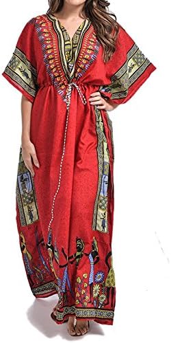 Loire Couture New Ladies/Women African Print Maxi Kimono Kaftan Tunic Kaftan Dress One Size With Draw Sting (Red)