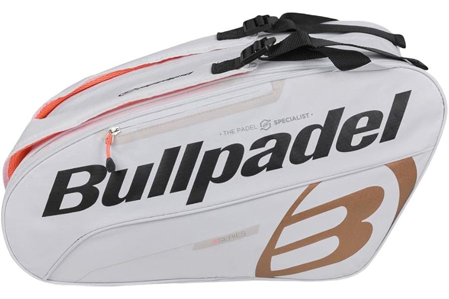 Bullpadel - Tour Blanc padel bag, with details in black and orange, with pockets for rackets, compartment for clothes or equipment and auxiliary pockets, padded and hand handles for