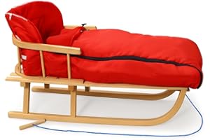HOMOS Holzschlitten mit Rückenlehne mit Winterfußsack 108cm Schlitten | 10 Farben (Rot)