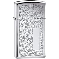 Chrome Zippo Lighter Venetian Chrome (Slim) Mod. 1652, Windproof battery Zippo, Zippo Petrol Lighter Battery with Ignition System to Flint, Zippo Petrol Lighter