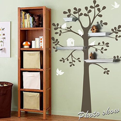 Tree Wall Decal - Shelving Tree Decal with Birds Vinyl Tree Wall Sticker Nursery Wall Decal Nursery Room Art Decor C(tree:Dark Brown;birds and nest:White) by WallsUp