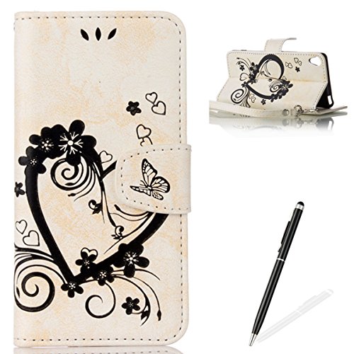 Feeltech Sony Xperia XA Flip case, Luxury Embossed Heart Butterfly Series Design Pattern Premium Ultra Slim PU Leather Wallet Cover [With Free Stylus Pen] Magnetic Clasp Closure Soft TPU Inner Bumper Built-in Foldable Stand Function Pocket Card Slots ID Holder Protective Case Folio Book Style With Wrist Strap for Sony Xperia XA - White