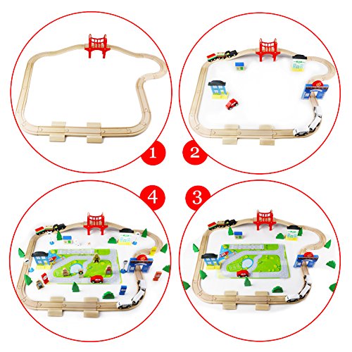 ACOOLTOY Wooden Train Track Set Toy Wooden Classic Railway Flexible Track Car Set Building Kit Toy for Kids Aged 3+ (80 Pcs)