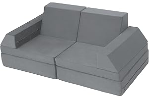 BYBYME Kids Couch Sofa Modular Toddler Couch for Bedroom Playroom, 10-Piece Fold Out Couch Play Set for Imaginative Girl Boy, Creative Baby Couch (Gray, King)