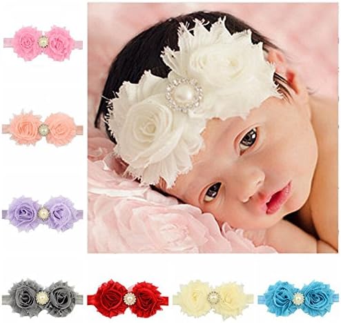 Baby Girls Headbands Flowers with Pearl Soft Hair Band Headwear Hair Accessory for New Born Toddlers Pack of 12Pcs