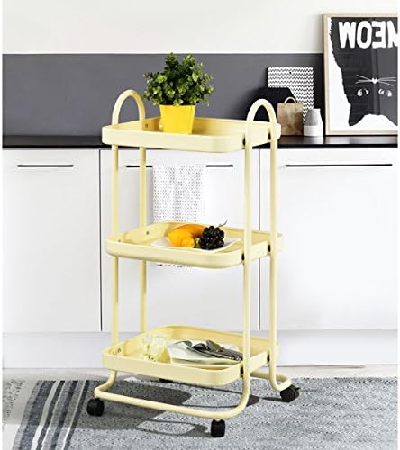 Rolling Storage Cart Shelving , Ajie 3 Tier Serving Trolley, Sturdy Rolling Cart,Metal Frame Storage Units, Suitable for Home Kitchen Bedroom Garden Office - Beige