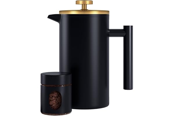 Enfmay Cafetière à Piston, French Press 1L avec Système de Filtration 4 Couches, Cafetière Française Isolée Double Paroi en Acier Inox pour Maison, Voyage et Camping, Avec Boîte à Café, Noir