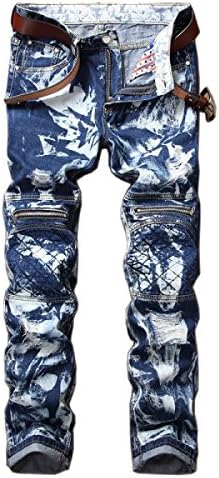 YRHDC Men's Jeans Shredded Snowflake Zipper Straight Leisure Skinny Denim Trousers Cotton Pants,Blue-29