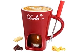SNUGEASY Chocolate Fondue Mug with Forks, Ceramic Chocolate Melting Cup Fondue Set for Candy Caramel Party, Hot Chocolate Mug for Candy Snack Caramel Party (1PCS - Red)