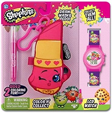 MSI Entertainment Shopkins Color N Wash Hook Plush and LCD Watch Bundle, Lippy Lips