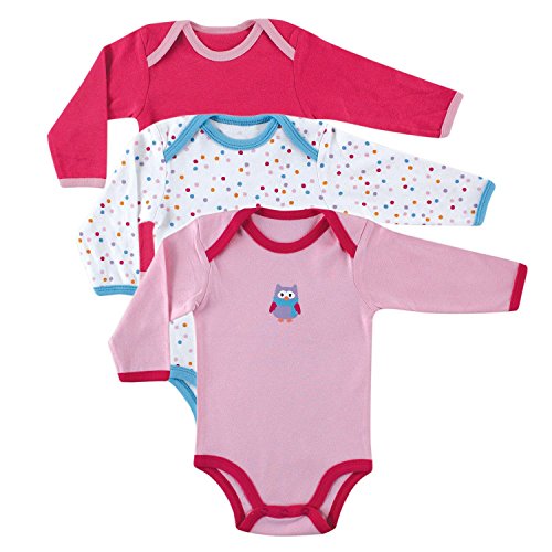 Luvable Friends 3 Pack Long Sleeve Baby Bodysuits Vests (6-9 Months, Pink Owl)