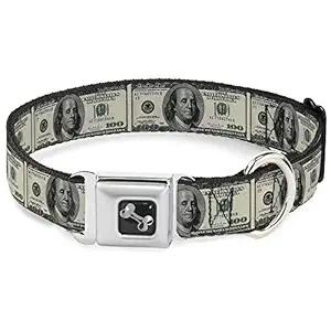 Buckle-Down 100 Dollar Bills Dog Collar Bone, Medium/11-17
