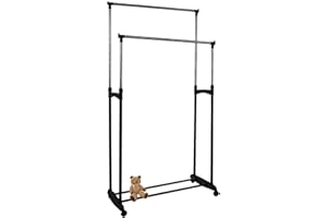 KEVO Portant à vêtements,Portant Hauteur et Largeur Réglables avec Roulettes, penderie Double sur roulettes vestiaire Mobile avec Barres de Hauteur réglable et Une Tablette de Rangement (2 coup)