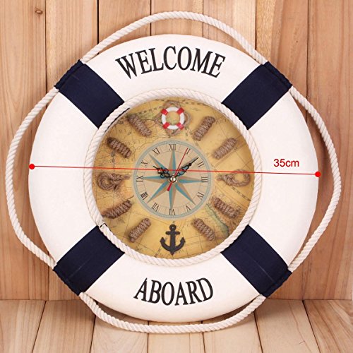 YESURPRISE Wanduhr Deko Rettungsring Wanduhr 35cm Durchmesser blau-weiss - 3