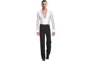 BOZEVON Mens Classic V Collar Latin Dance Lace Shirt Set Fashion Long Sleeve Performance Outfits