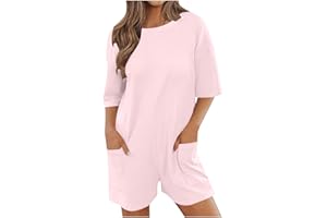 Keepink Oversized Rompers for Women 2024 Summer Casual Short Jumpsuits Half Sleeve Crew Neck Loose T-Shirt Romper with Pockets Athletic Workout Onesie Ladies Short Overalls Trendy