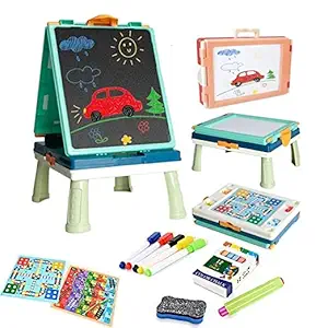 ROUSEY 2 in 1 Double Side Easel Black and White Board for Kids, Foldable Drawing and Painting Board with Stand, 31 Pcs, 2 Board Game, Simple to Assemble, Easy to Clean Black Board for Kids for Home.