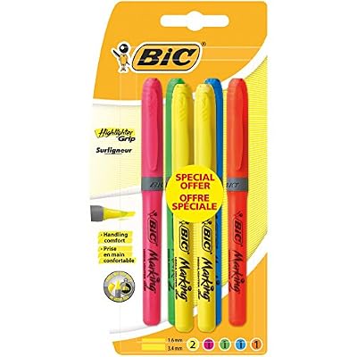 BIC Highlighter Grip Surligneurs - Couleurs Fluo Assorties, Blister de 6