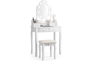 COSTWAY Toaletka z taboretem, obracane lustro 360° i LED żarówki, stołek, zdejmowalna część górna, 4 szuflady, 75 x 40 x 146 cm (biała)