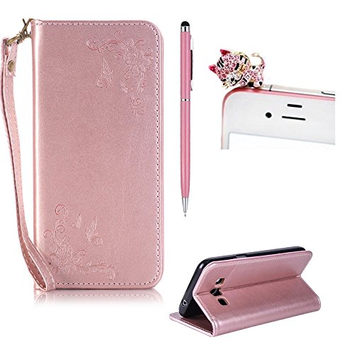 SKYXD für Samsung Galaxy J3 2016 Hülle Leder Rosen Blumen und Schmetterlings Muster,PU Folio Klappbar SchutzHülle [Brieftasche Kartenfach / Magnet / Standfunktion / Trageschlaufe] KlappHülle für mit [Katze Handyanhänger + Eingabestift] 3 in 1 Zubehör Set Handy Tasche Etui für Samsung Galaxy J3 2016 J320F J3 Duos Bookstyle Flip Case Leather Cover With [Stylus and Dust Plug]- Roségold