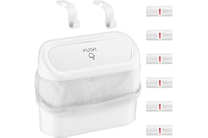 AXNSATRE Poubelle de voiture avec couvercle, mini poubelle multifonction pour voiture, avec 90 sacs poubelle et 4 crochets de voiture, poubelle de voiture à poussoir, accessoires de voiture mignons,