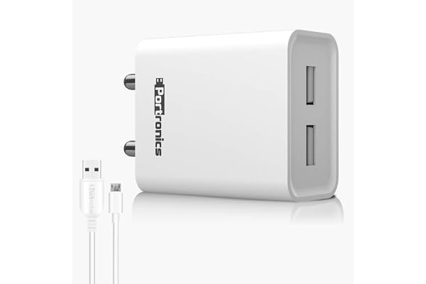 Portronics Adapto 66 2.4A 12w Dual USB Port 5V/2.4A Wall Charger,Comes with 1M Micro USB Cable, USB Wall Charger Adapter for iPhone 11/Xs/XS Max/XR/X/8/7/6/Plus(White)