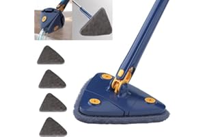 Earnmore 360 Grad Dreieckiger Reinigungsmopp, Dreieckiger Teleskop-Mopp Drehbarer Verstellbarer Wischmopp, Multifunktionaler Push-Pull-Automatischer Quetschmopp (blau + 4 Pads)