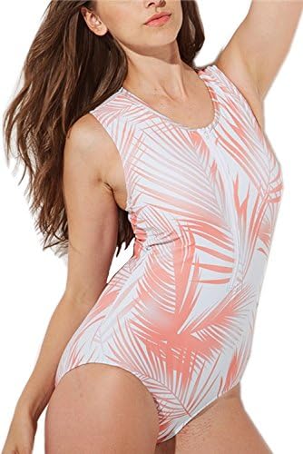 Women's Zip Front Floral Sleeveless Sun UV Protection Rash Guard Striped Leaf Print Padded Sport One Piece Swimsuit Swimwear Zipper Bathing Suit Surfing Bikini