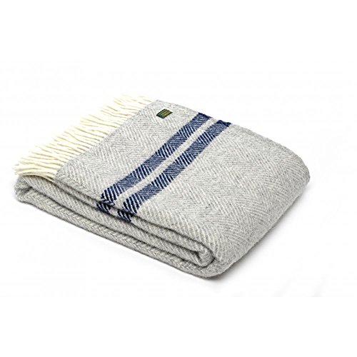 2 Stripe Grey & Navy Blue Fringed Lifestyle Herringbone Wool Throw by Tweedmill