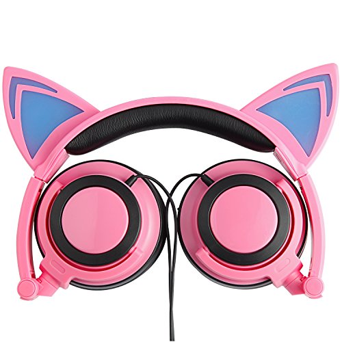 Preisvergleich Produktbild PEMOTech Katze kopfhörer LED Blitzslicht, Cosplay-FantasieKopfhörer, Beleuchtungs-glühendfaltbarüberOhr, spielbar Headset mit 3.5MM Smartphones, Computer and MP3