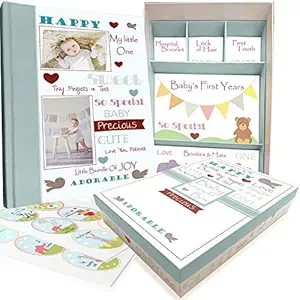 Baby Memory Book w/Keepsake Box & 30 Monthly & Baby First Milestone Stickers - Gender Neutral Scrapbook Album for Boys & Girls