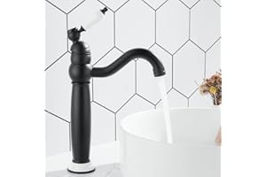 Maynosi Grifos de Lavabo Baño, Grifo Lavabo Caño Alto, Monomando Grifos Baño de Vendimia, Agua Fría y Caliente, Estilo Tradicional, Caño giratorio 360°, Incluyen Tubos Flexibles, Latón (Negro Mate)