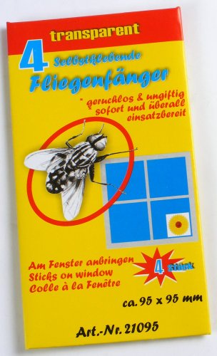 Fliegenfänger Blume 4er Pack, je 95x95mm, geruchlos, transparent, selbstklebend, Fensterfliegenfalle