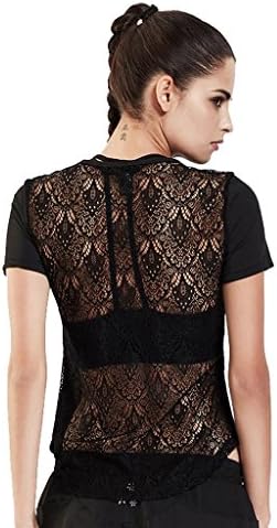 Wgwioo Women Sport Fitness Short Sleeve Running T-Shirt Outdoor Yoga Top Gym Workout Hollow Lace Mesh Performance Clothes . Black . S
