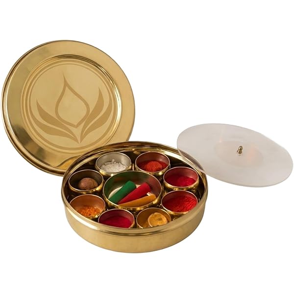 Porta Kumkum Pooja Tradizionale In Ottone E Acciaio Inox | 4 Pezzi | Roli, Chawal, Chandan, Haldi | Box Pooja